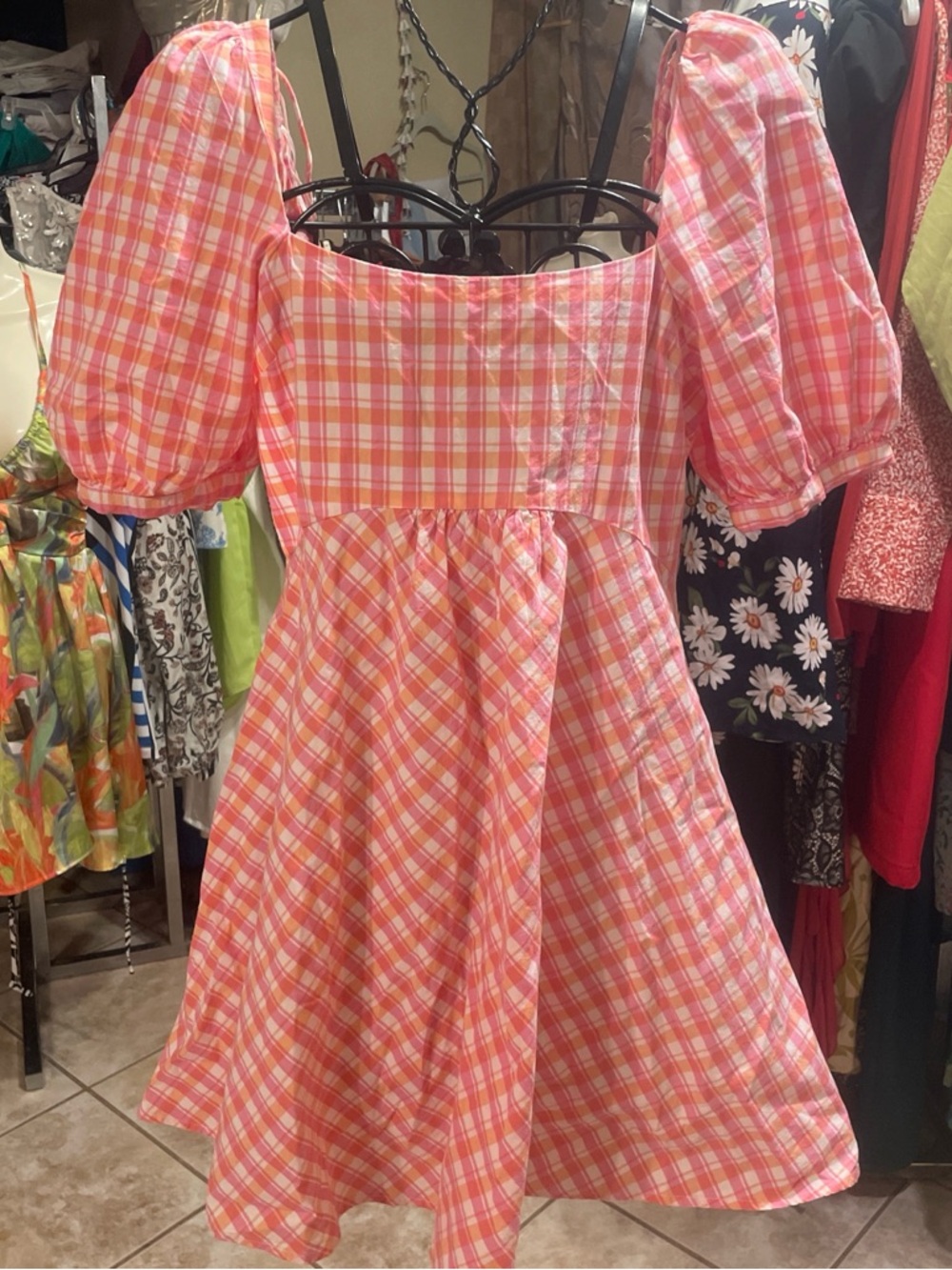 Primark Pink Orange Plaid Puff Sleeve Midi Dress